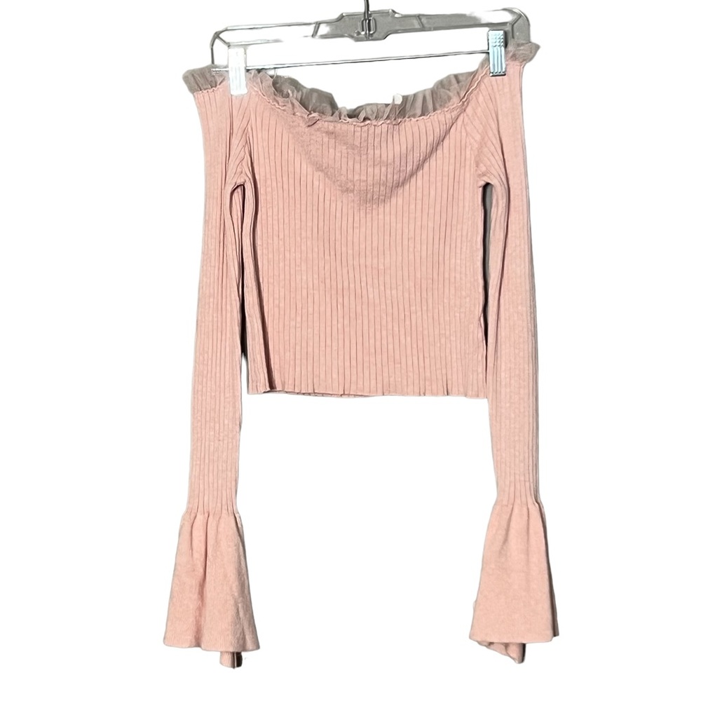 Fashion Nova Women’s Blush Pink Ribbed Sheer Frill Top Hem Off the Shoulder Top